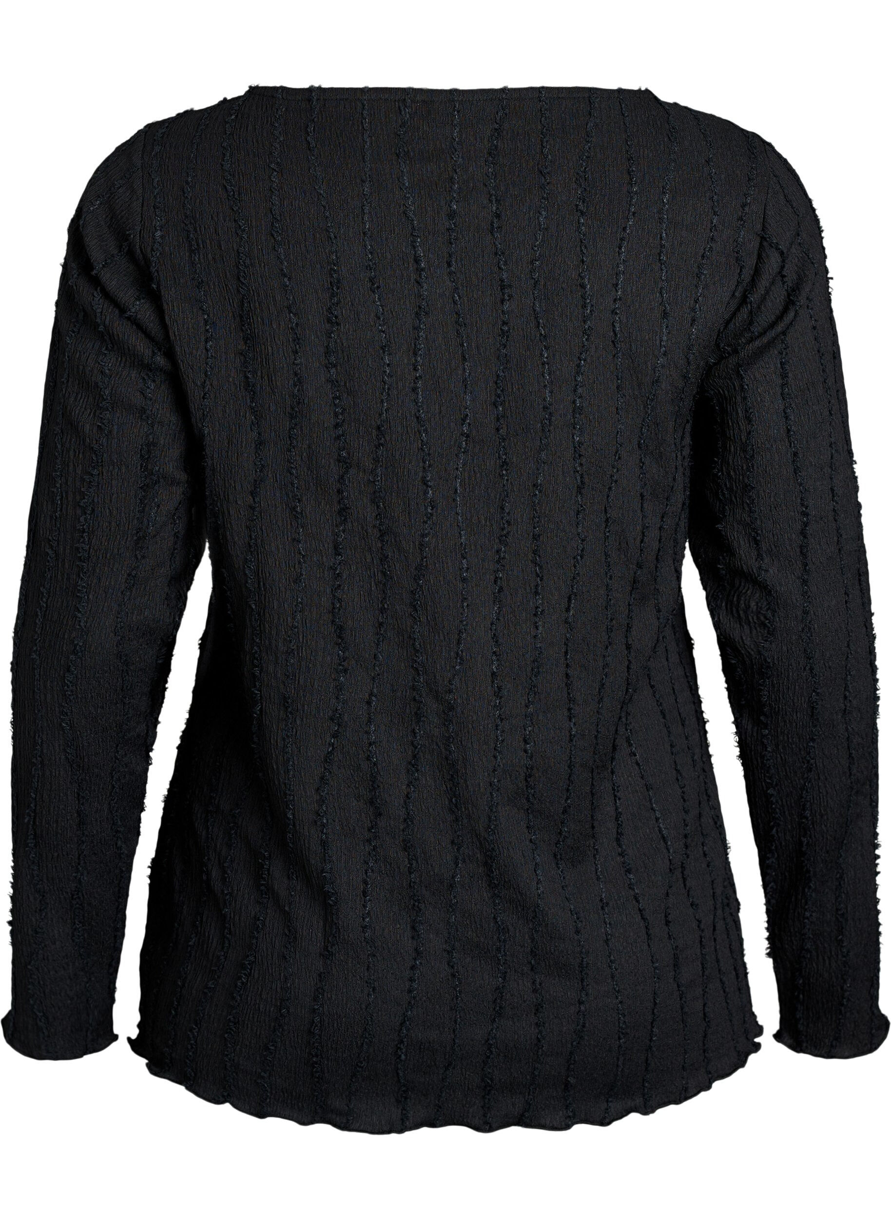 ZizziJerseybluse med en b&oslash;lget tekstur, Svart, Packshot image number 1