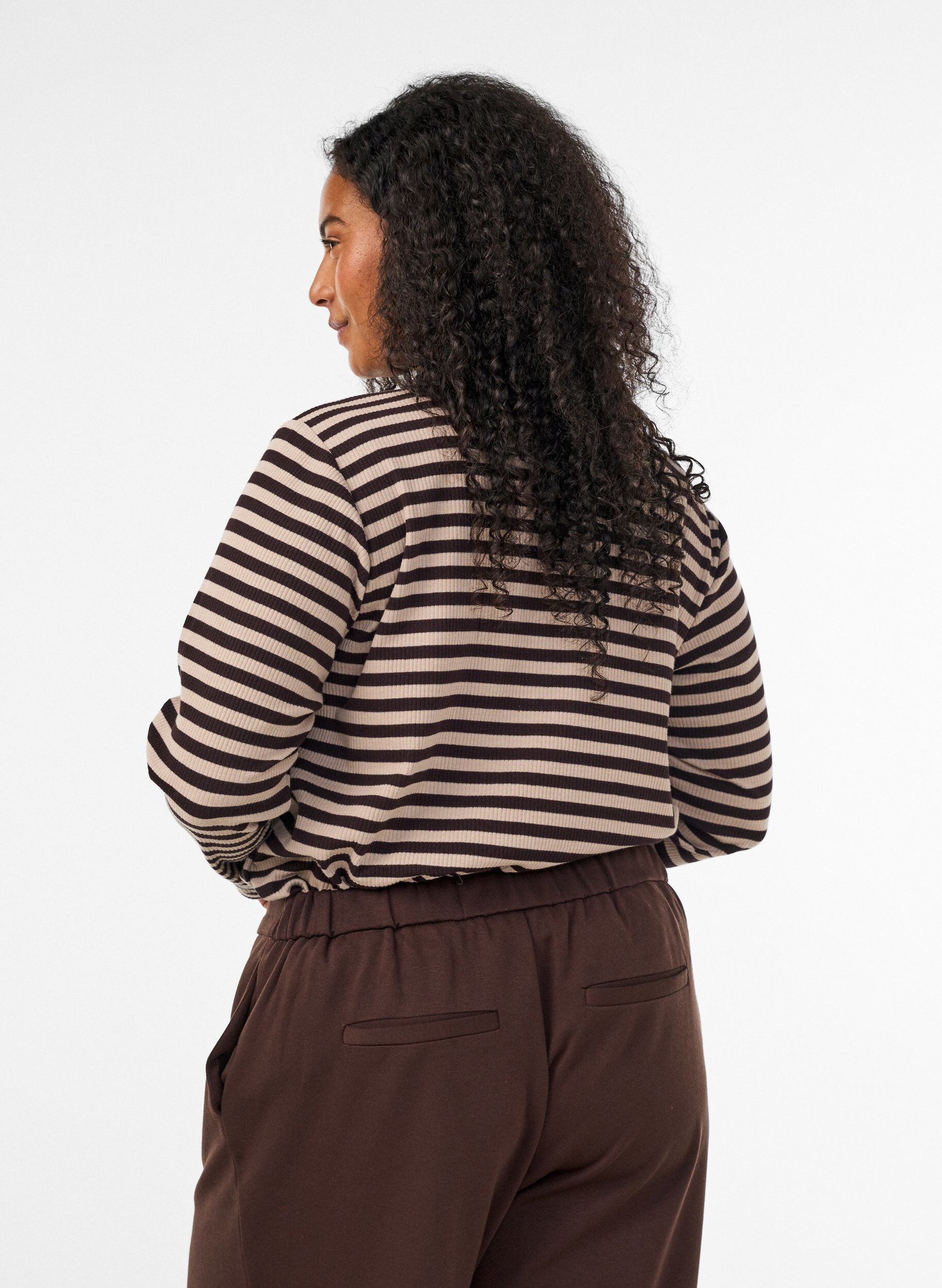 ZizziStripete bluse med lange ermer, Brun, Model image number 2
