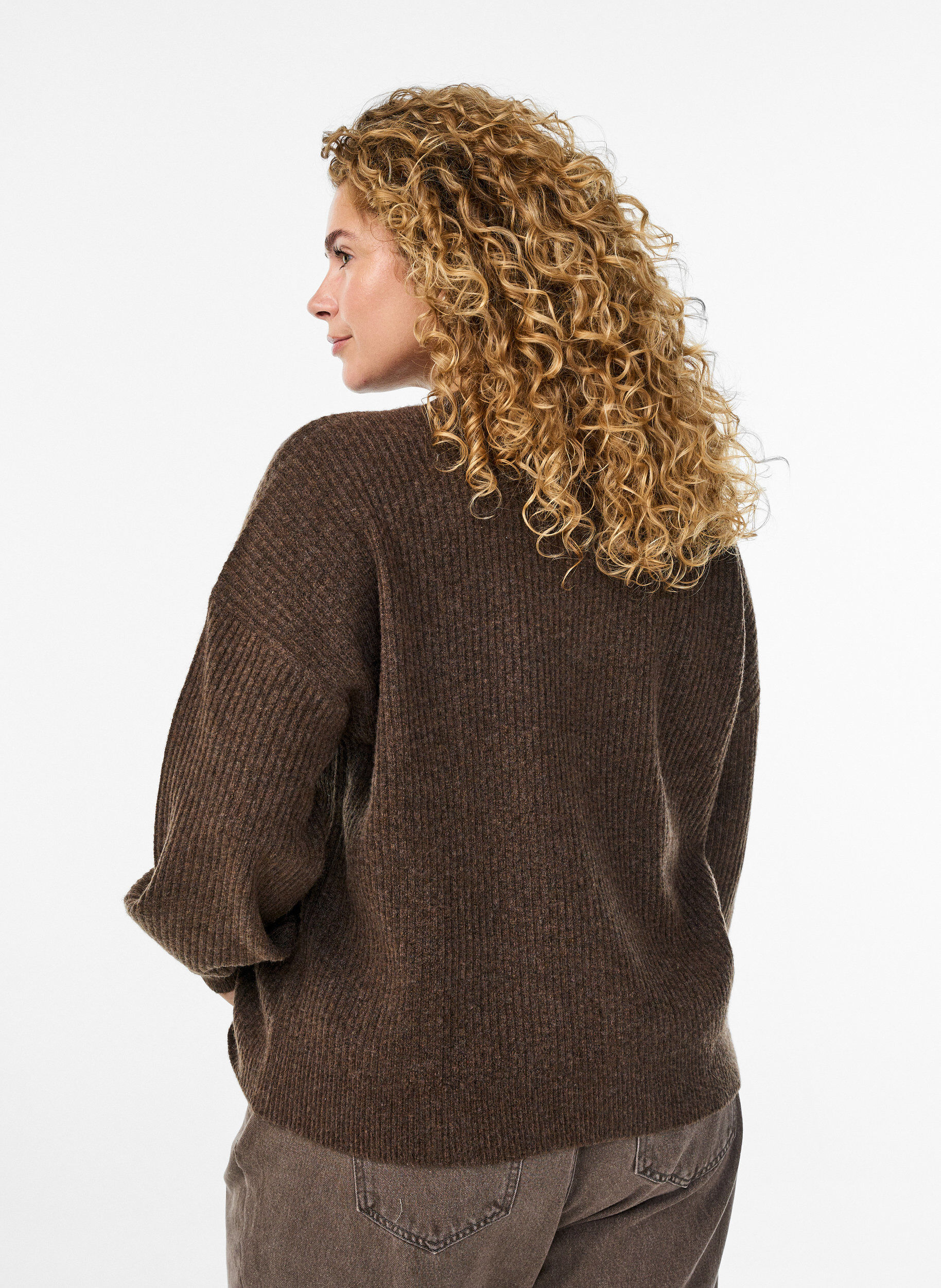 ZizziRibbestrikket cardigan med knapper, Brun, Model image number 2