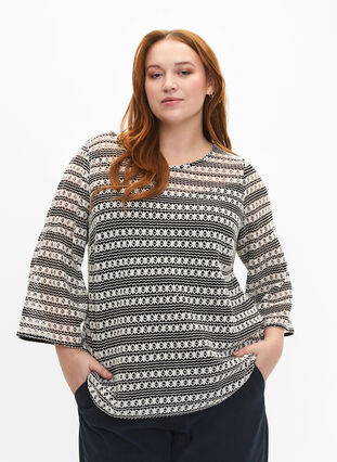 Zizzi Heklet bluse med 3/4-ermer, Black White, Model image number 0