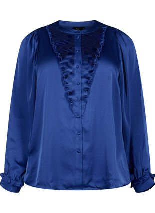 Skjortebluse i sateng med volangdetaljer, Deep Ultramarine, Packshot image number 0