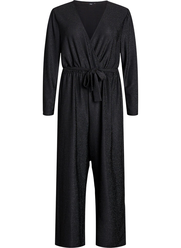 Jumpsuit med glitter og knytebelte, Svart, Packshot