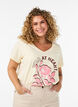 Bomull T-skjorte med fronttrykk og V-hals, Beige, Model image number 0