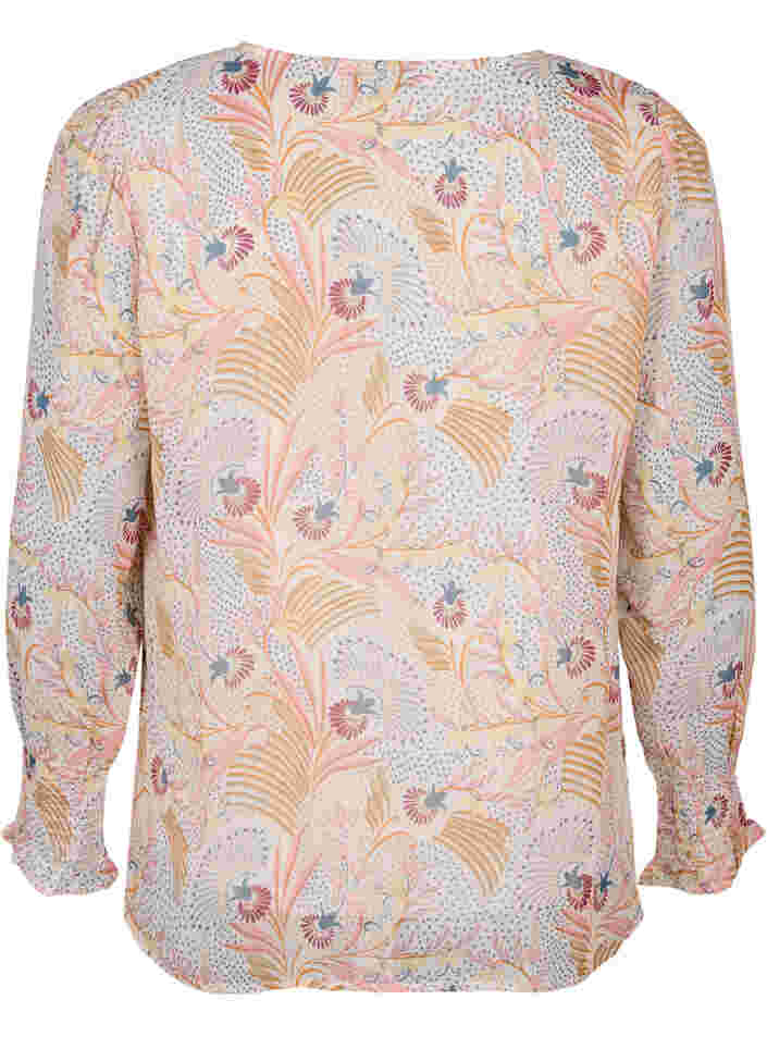Blomstrete bluse med lange ermer og V-hals, Yellow/Pink AOP, Packshot image number 1