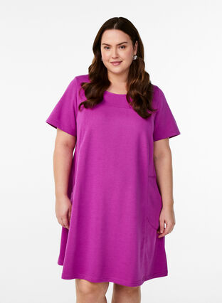 Zizzi Jerseykjole med korte ermer og lommer, Lilla, Model image number 0