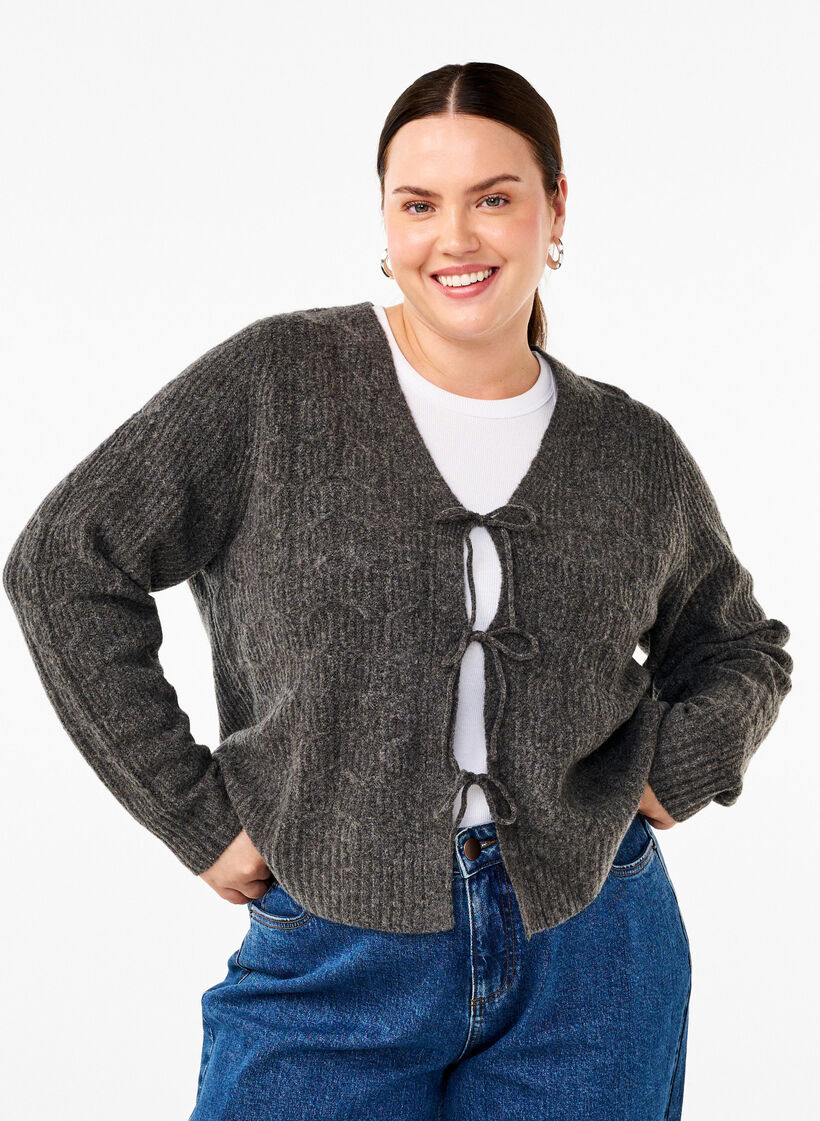 Strikket cardigan med knytedetaljer, Dark Grey Melange, Model image number 0