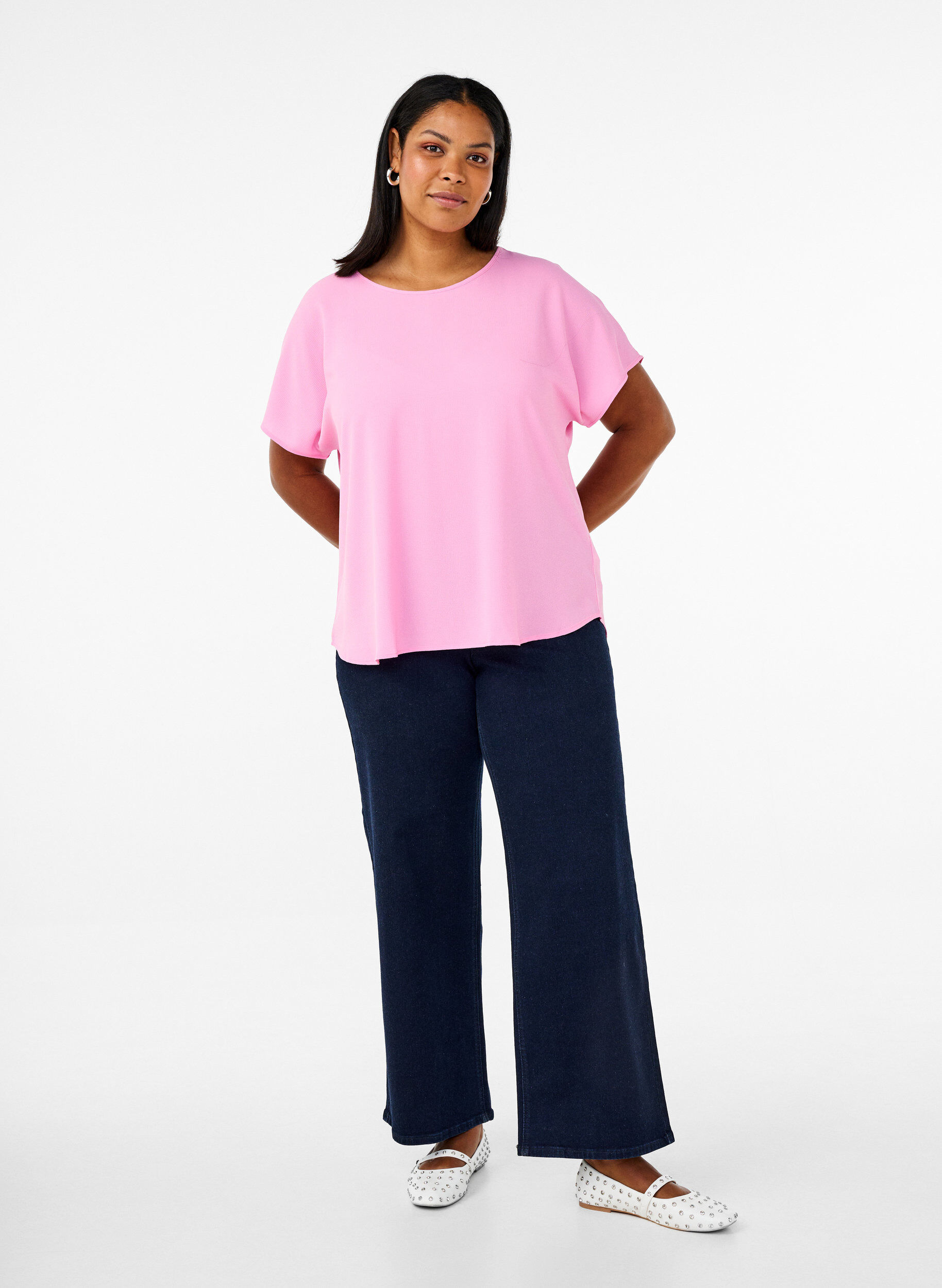 ZizziBluse med korte ermer og rund hals, Rosa, Model image number 1