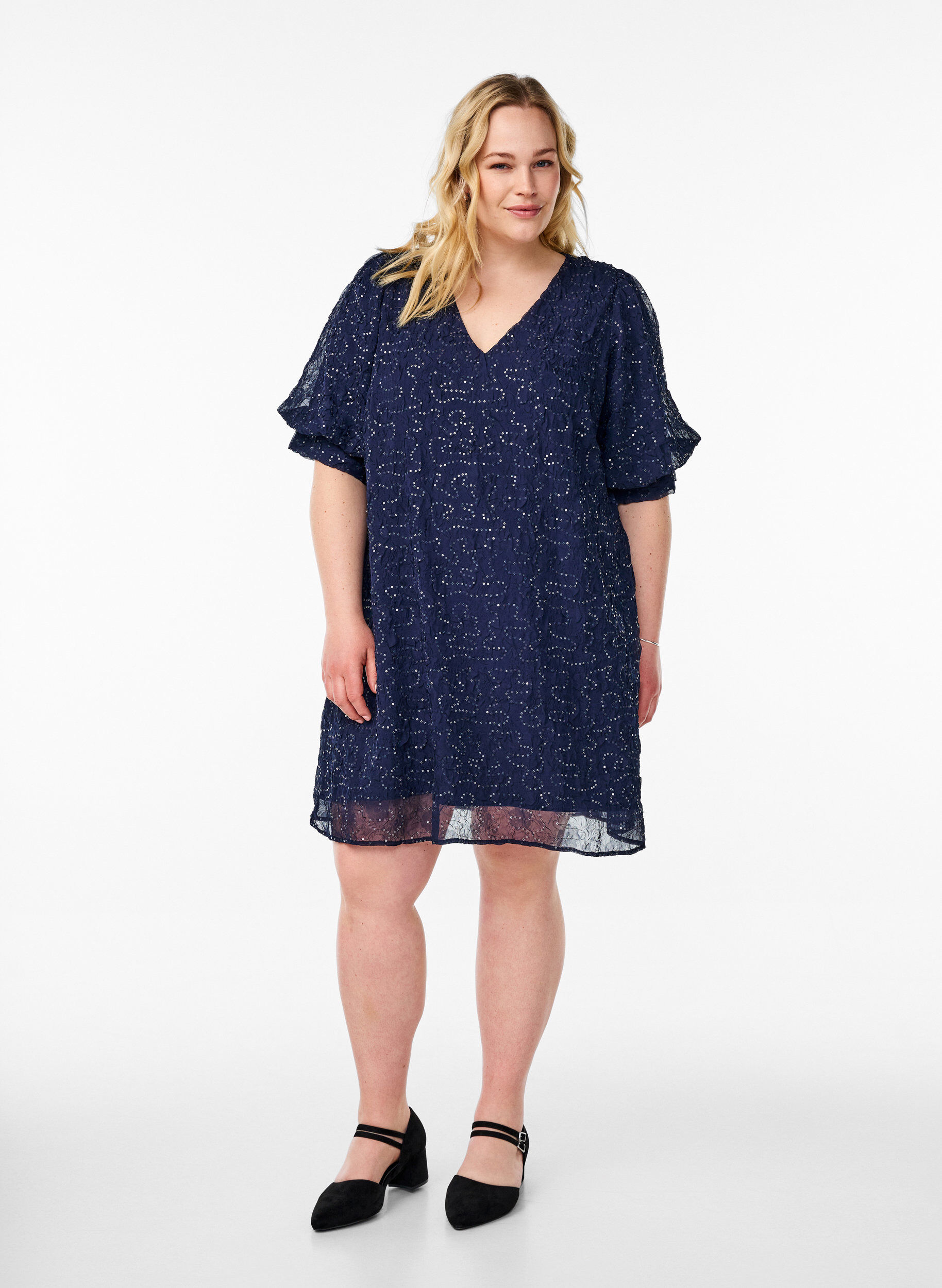 Zizzi Kort festkjole med paljetter, Bl&aring;, Model image number 1