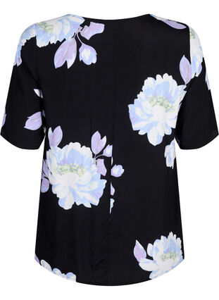 Short sleeve Viscose Bluse med utskrift, Black Big Flower AOP, Packshot image number 1