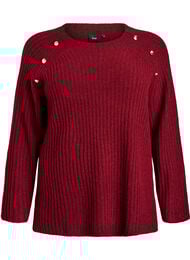 Ribbestrikket genser med dekorative knapper, Cabernet Mel.