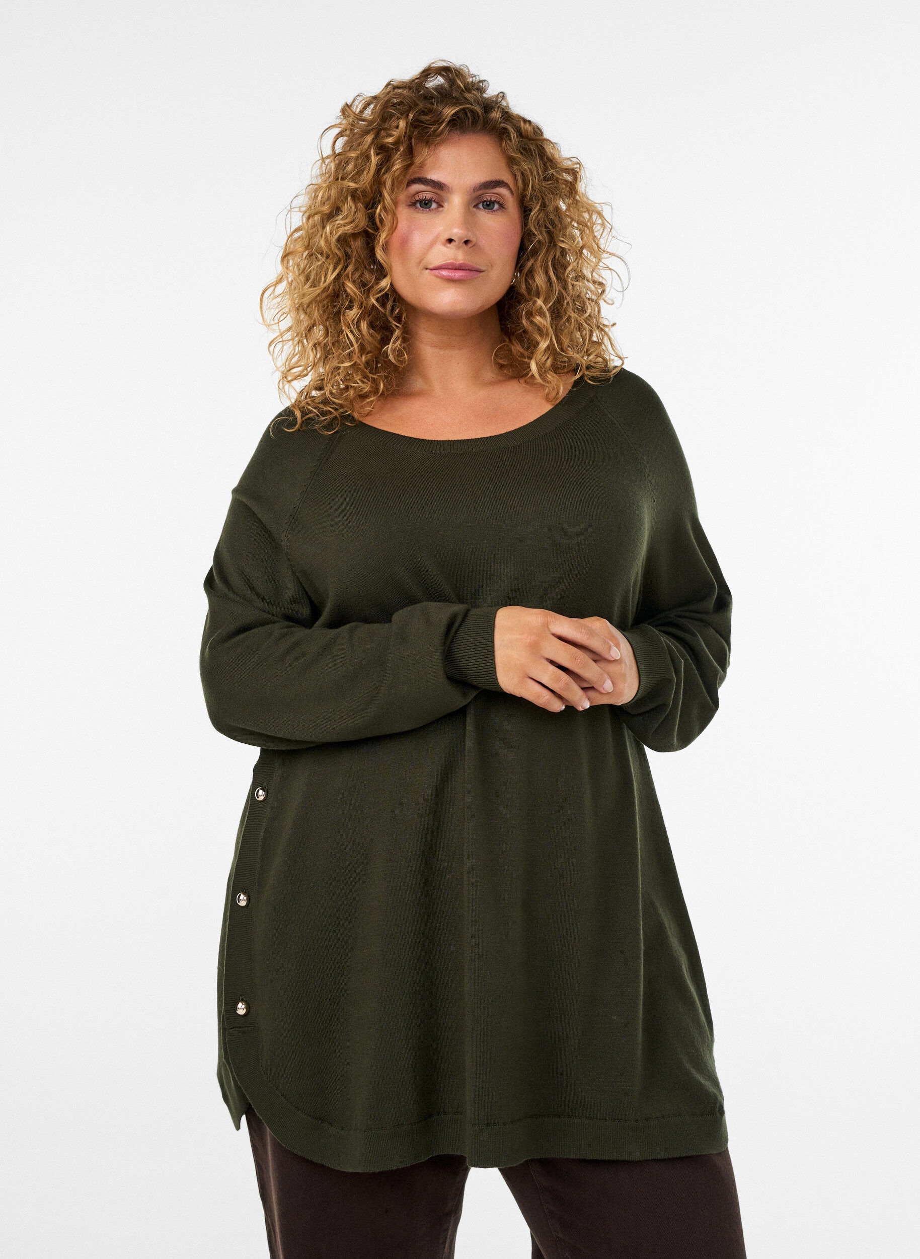 Strikkebluse med knapper p&aring; siden, Gr&oslash;nn, Model