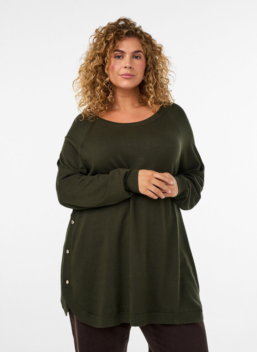 Strikkebluse med knapper p&aring; siden, Gr&oslash;nn, Model image number 0