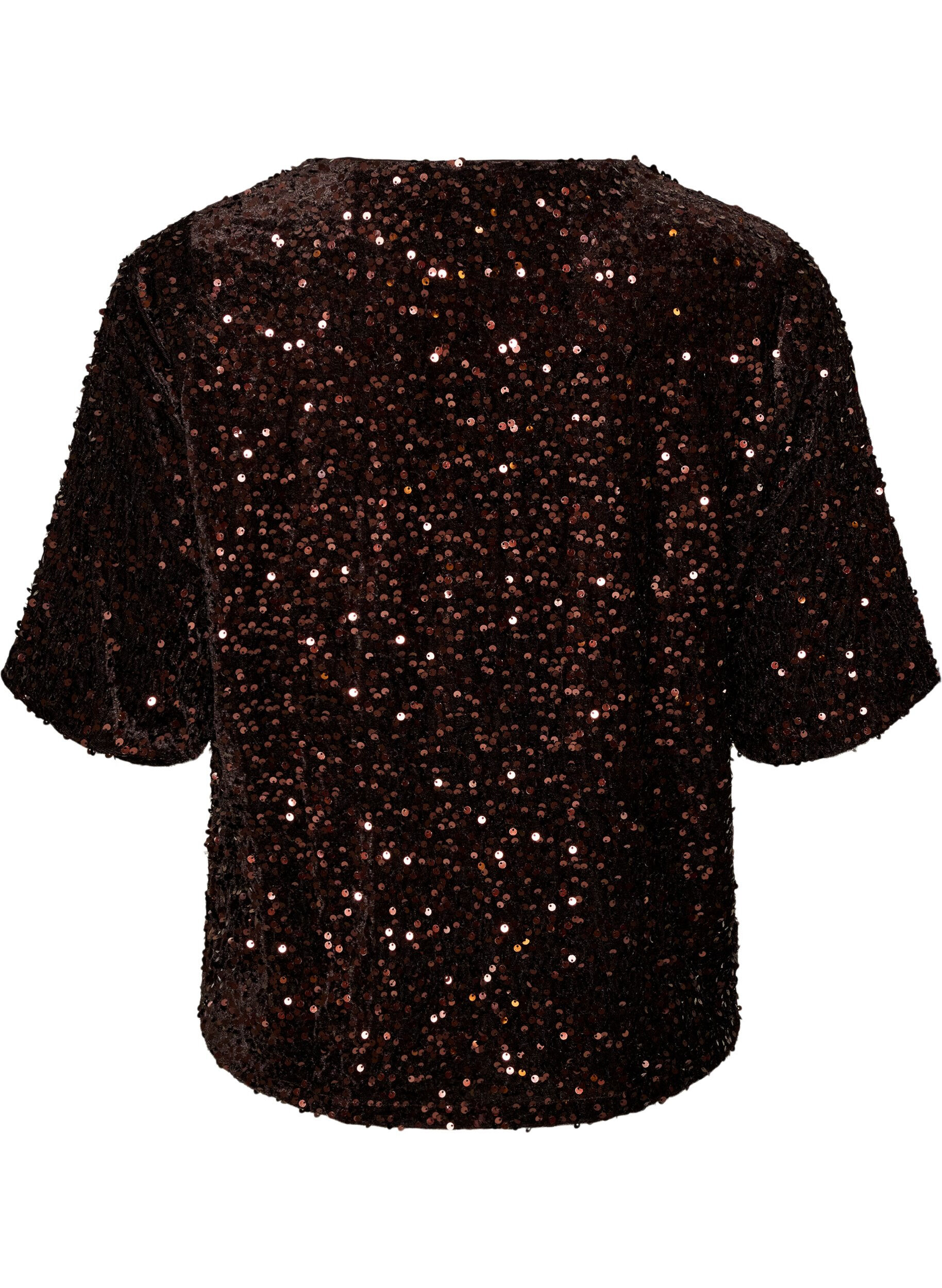 ZizziPaljettbluse med albuelange ermer, Brun, Packshot image number 1