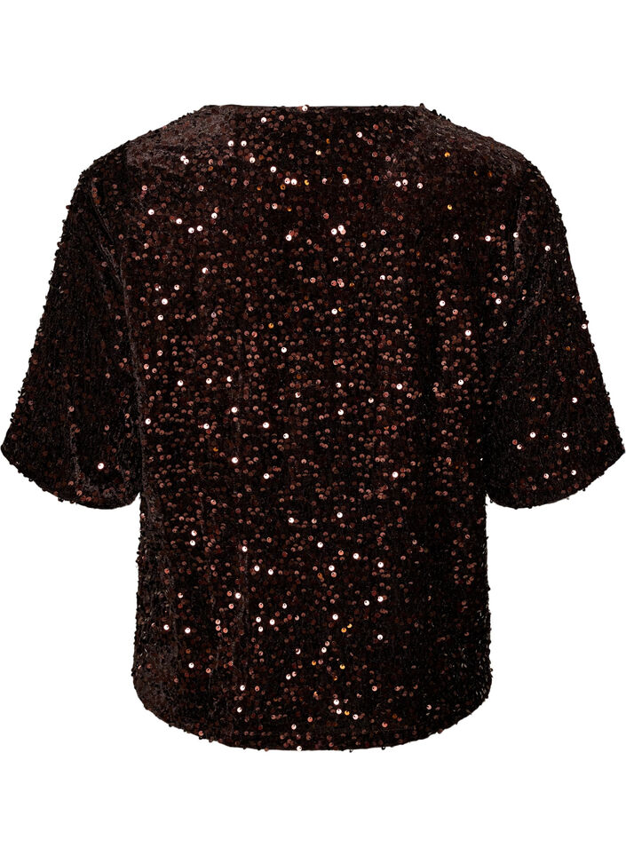 Paljettbluse med albuelange ermer, Brun, Packshot image number 1