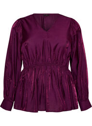Skinnende viskosebluse med peplumeffekt, Lilla