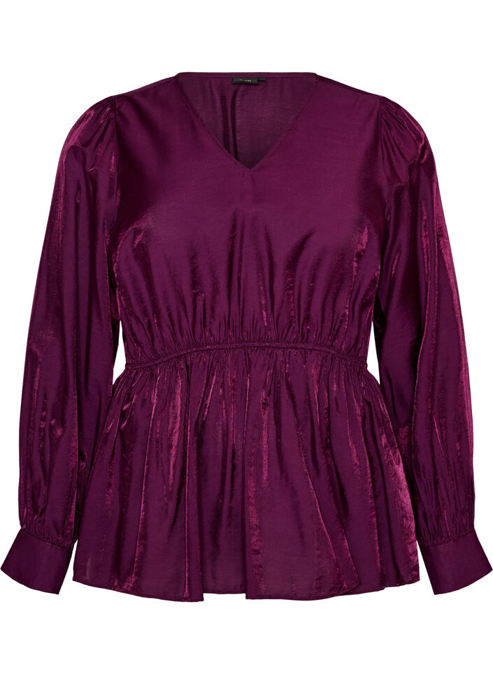 Skinnende viskosebluse med peplumeffekt, Lilla, Packshot image number 0