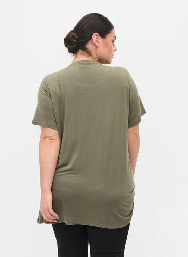 Kortermet viskosetunika med snøredetaljer, Dusty Olive, Model image number 1