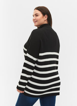 Stripete strikkegenser med høy krage, Black w.Cloud Dancer, Model image number 1