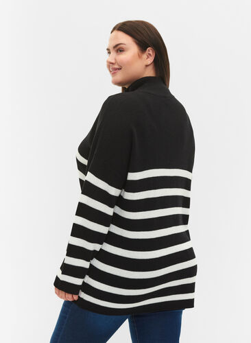 Stripete strikkegenser med høy krage, Black w.Cloud Dancer, Model image number 1