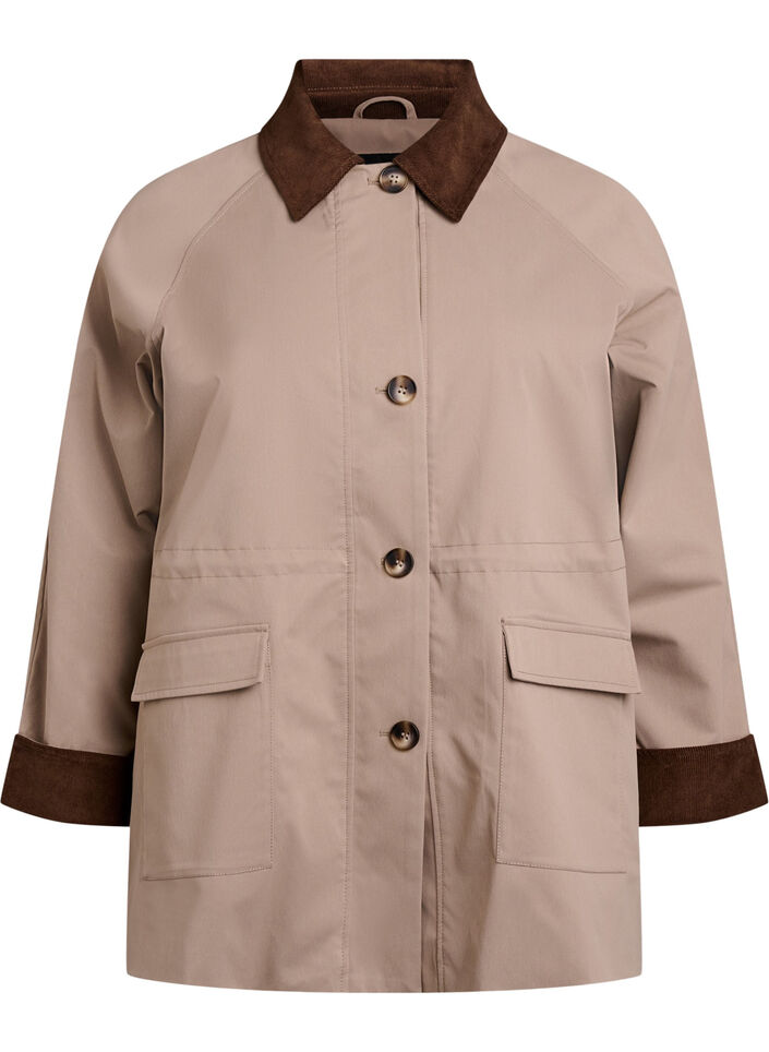 Vårjakke med kontrasterende cordfløyelsdetaljer, Desert Taupe, Packshot image number 0