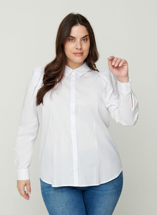 Bomullsskjorte med puffermer, Bright White, Model image number 0
