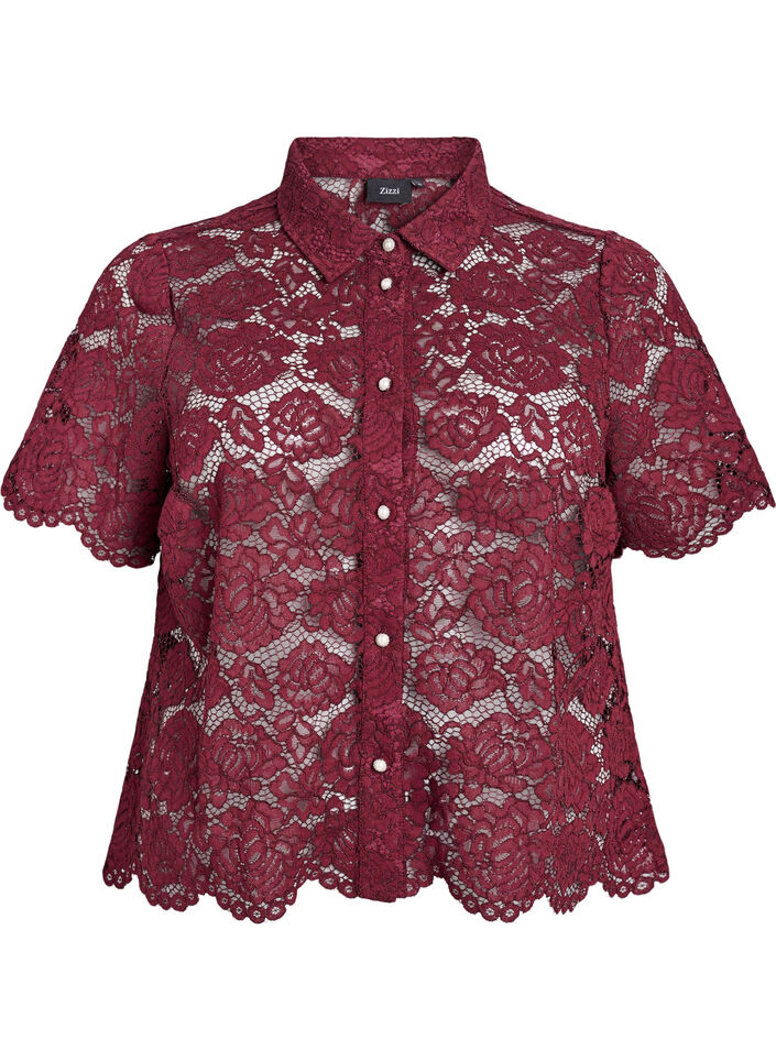 Skjortebluse i blonde med perleknapper, Tawny Port, Packshot