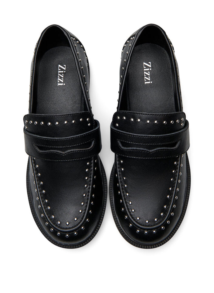 Wide fit - Lærloafers med nagler, Black, Packshot