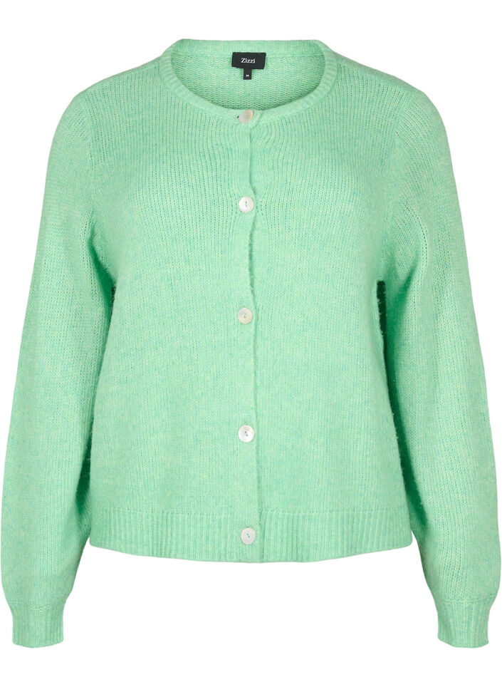 Strikket cardigan med ull og knapper, Light G. Green Mel., Packshot image number 0