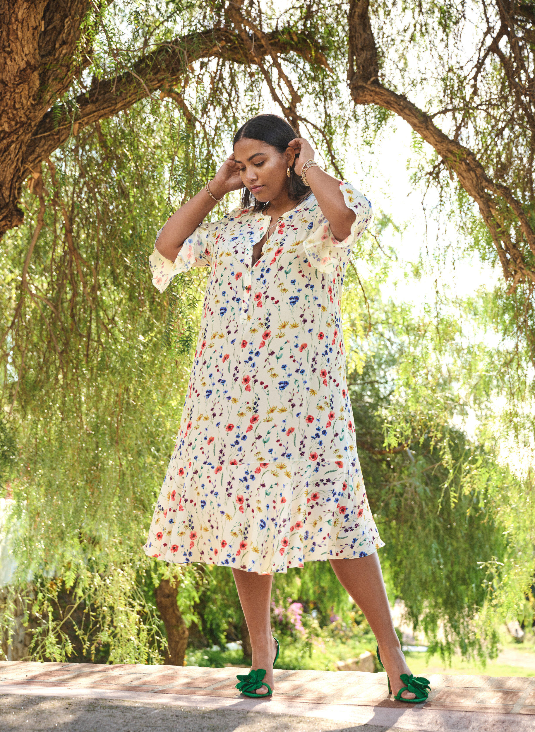 Zizzi Blomstret midikjole med 3/4-ermer, Bl&aring;, Image image number 0