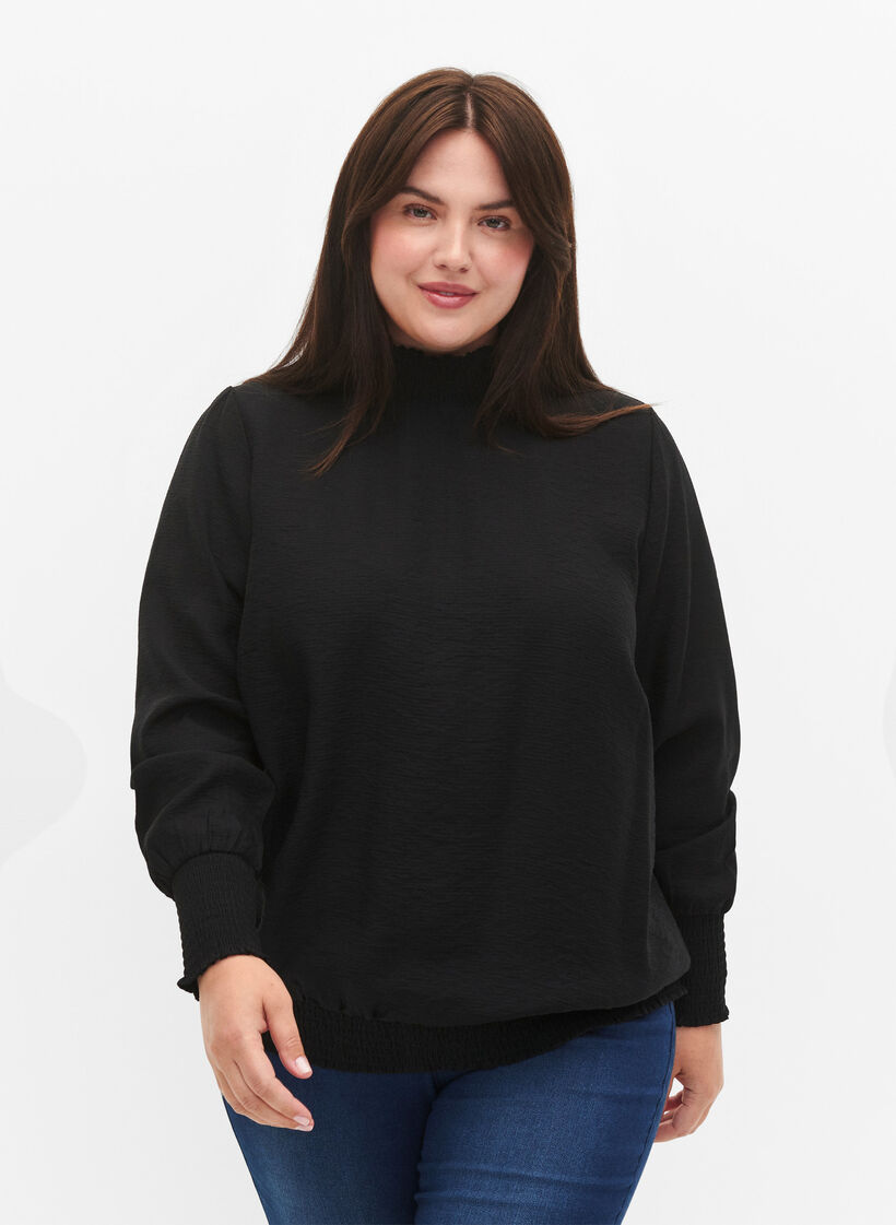 viskosebluse med smock, Black, Model image number 0