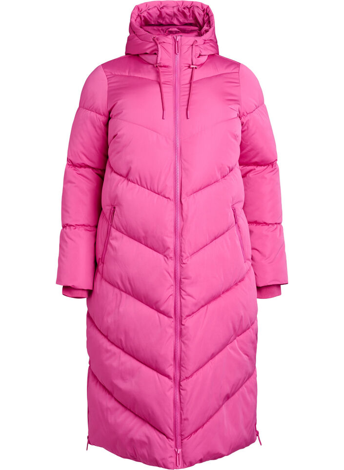 Lang pufferjakke med hette og lommer, Rosa, Packshot image number 0