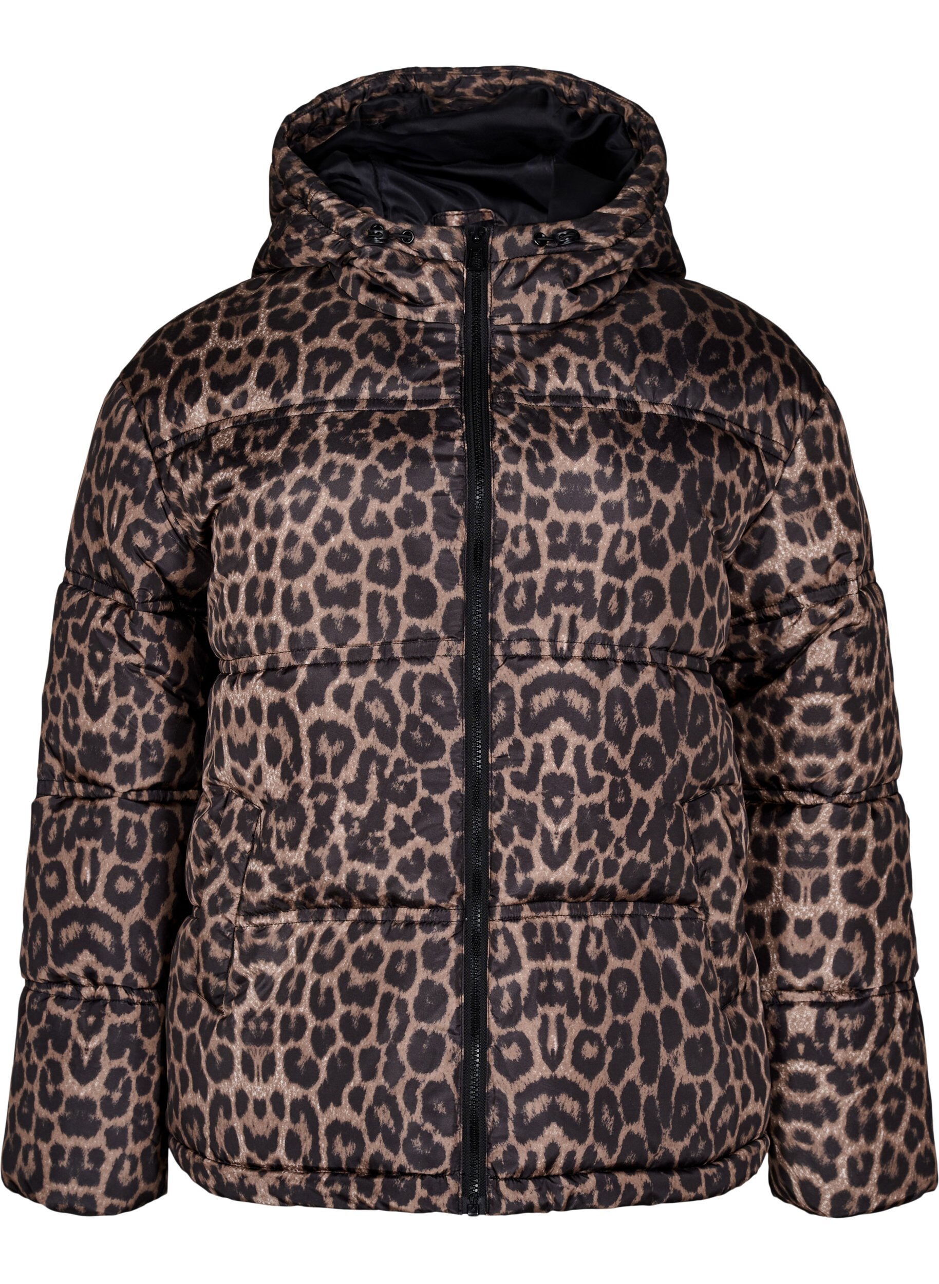 Kort pufferjakke med hette og toveis glidel&aring;s