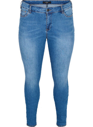 Super slim Amy jeans med sløyfe og glidelås, Dark blue, Packshot image number 0
