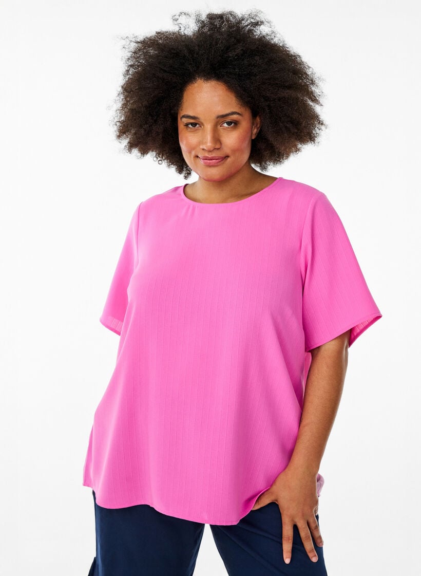 Kortermet bluse med rund hals, Rosa, Model image number 0