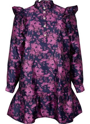 Kjole med rysjedetalj og perleknapper, Dark Blue Pink, Packshot image number 0