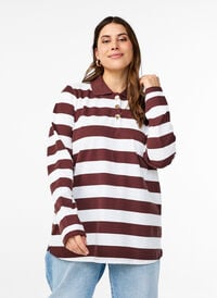 Stripete poloskjorte med lange ermer, Mørk Bordeaux Stripete poloskjorte med lange ermer, Mørk Bordeaux, Model