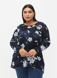 Blomstret bluse med lange ermer, Navy B. Flower AOP, Model