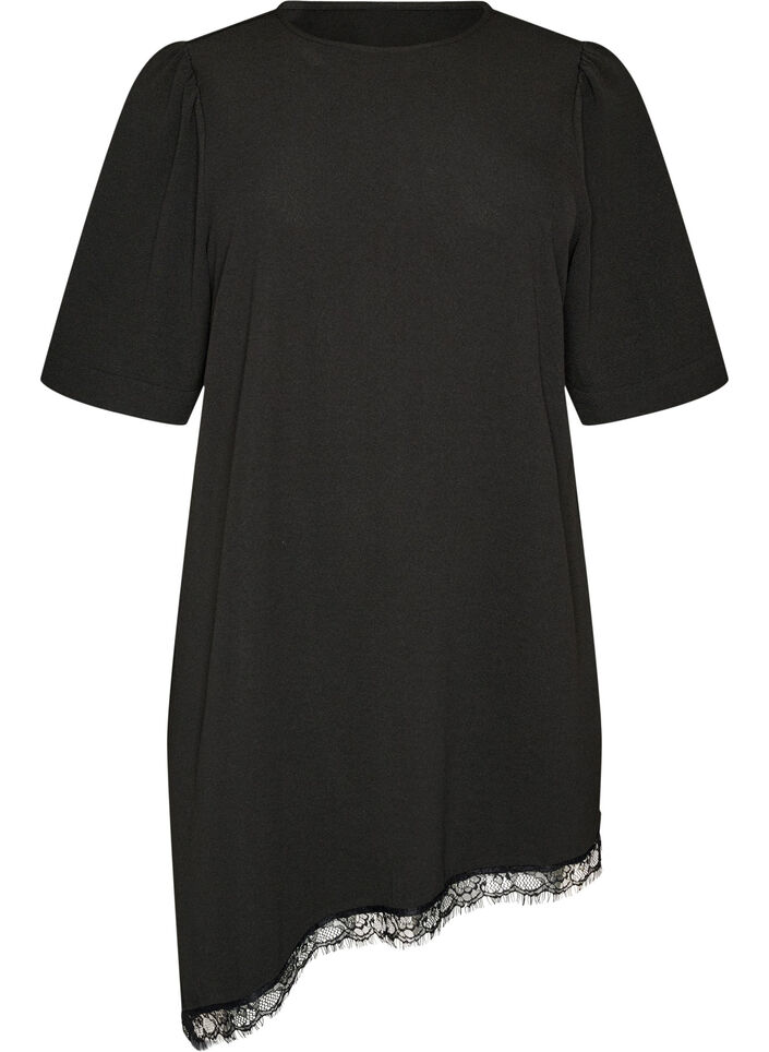 Tunika med asymmetrisk blondedetalj, Svart, Packshot image number 0