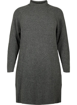 Ribbestrikket kjole med høy hals, Dark Grey Melange, Packshot image number 0