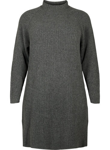Ribbestrikket kjole med høy hals, Dark Grey Melange, Packshot image number 0