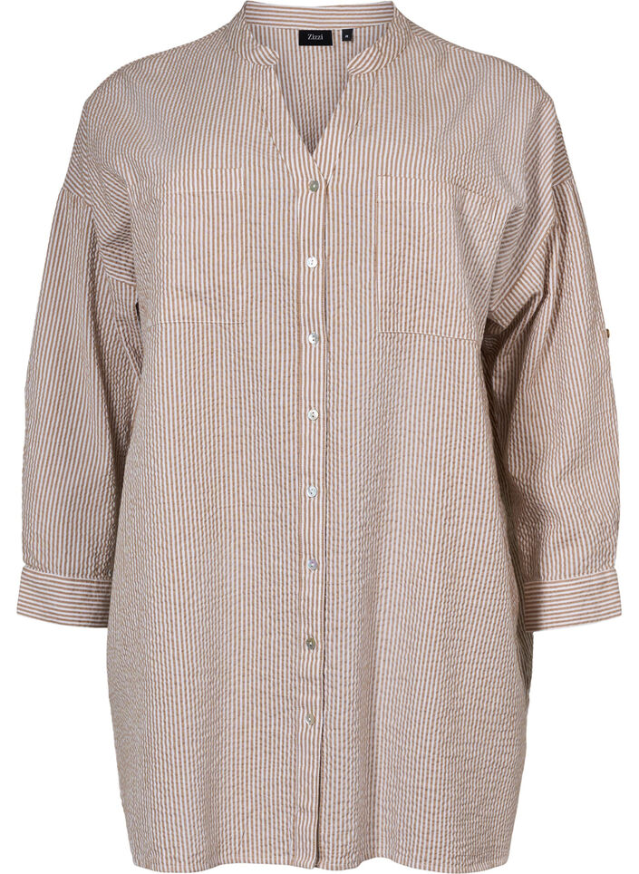 Stripete skjorte i bomull med 3/4-ermer, Natural Stripe, Packshot image number 0