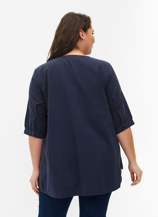 FLASH - Bluse i bomull med halvlange ermer, Navy Blazer, Model image number 1