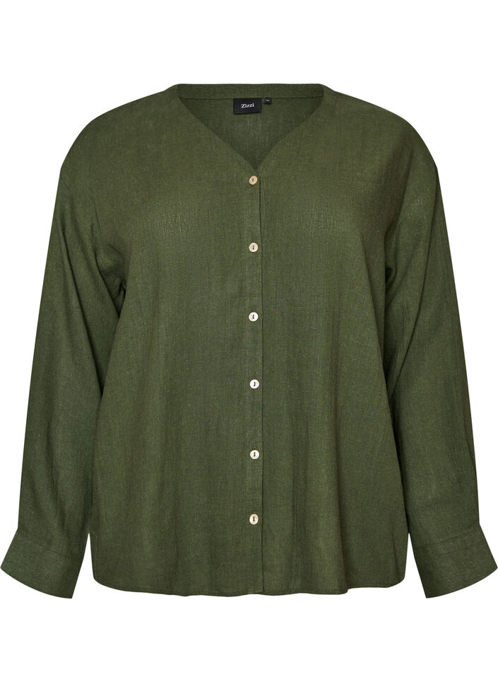 Bluse i lin og viskose med V-hals, Gr&oslash;nn, Packshot image number 0