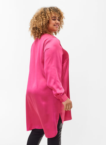 Lang shiny skjorte med splitt, Pink Flambé, Model image number 1