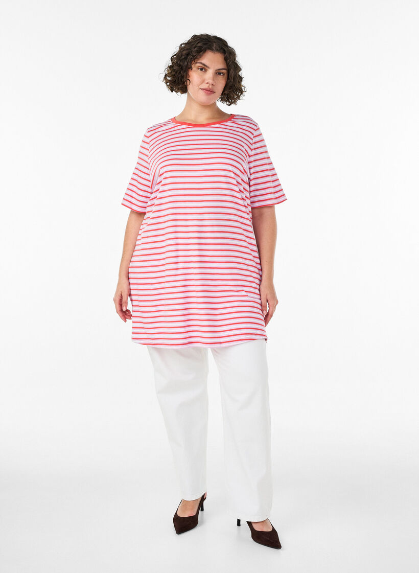 Lang oversized stripete T-skjorte i &oslash;kologisk bomull, Lilla, Model image number 1