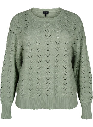 Zizzi Langermet strikket bluse med et åpent mønster, Green Bay, Packshot image number 0