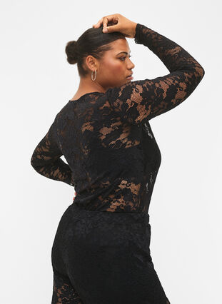 Langarmet bluse med blondekant og V-hals, Black, Model image number 3