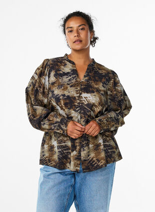 Zizzi Bluse med trykk og knapper, Grønn, Model image number 0