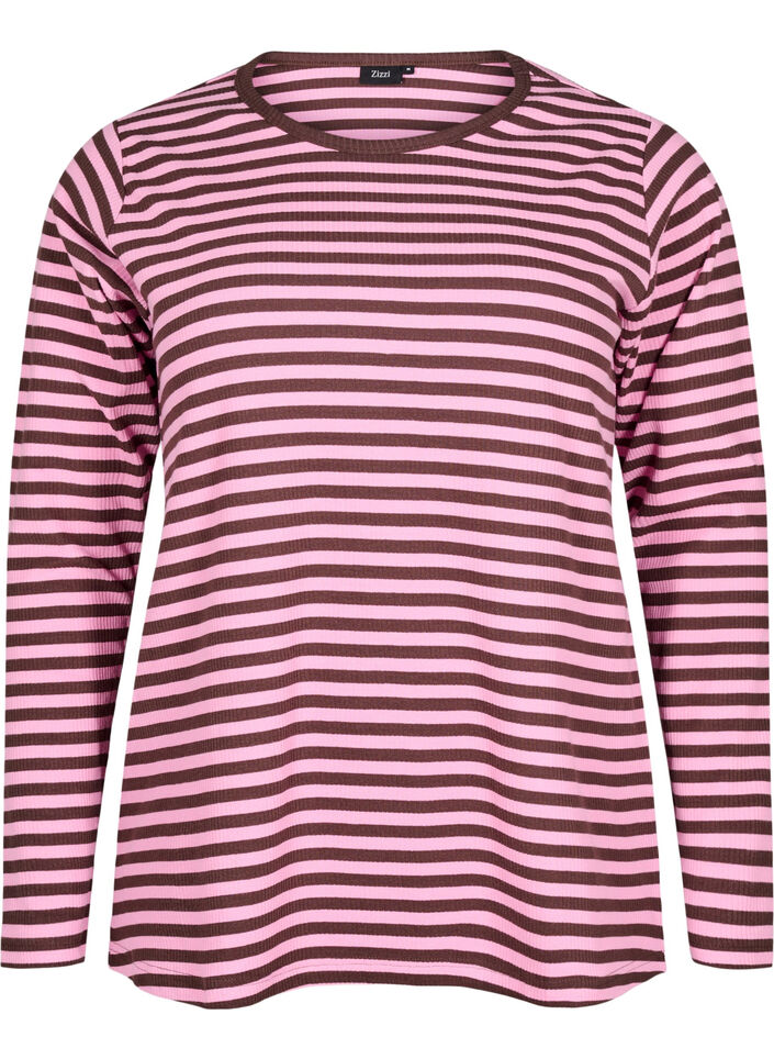 Stripete bluse med lange ermer, Rosa, Packshot image number 0