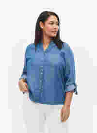 Skjorte med 3/4-ermer og rund hals, Medium Blue Denim, Model